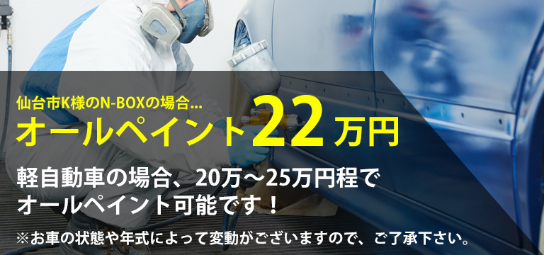 仙台市K様のN-BOXの場合...オールペイント22万円　軽自動車の場合、20万～25万円程でオールペイント可能です！　※お車の状態や年式によって変動がございますので、ご了承下さい。